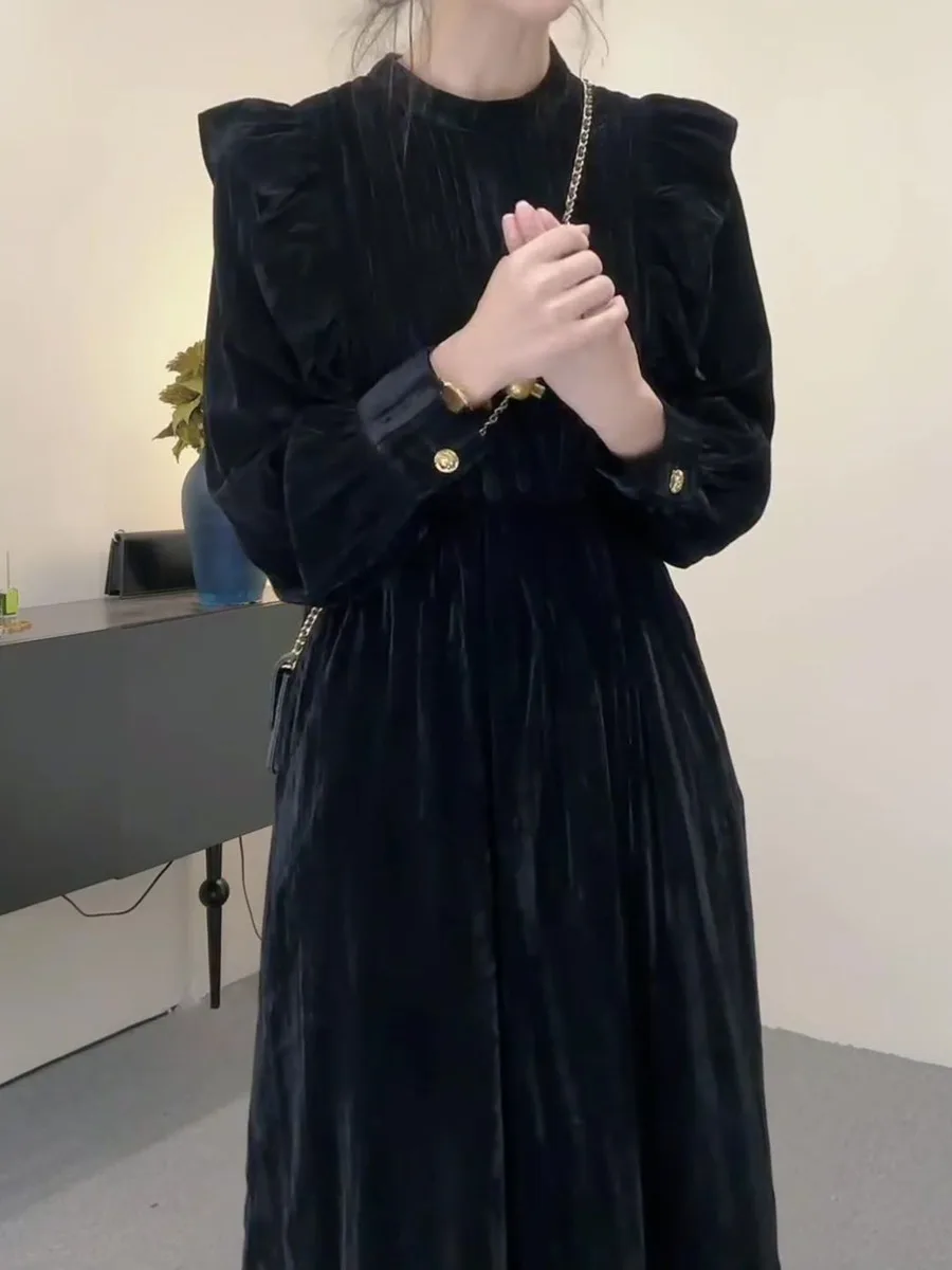Chic Velvet Pleated Dress Women Long Sleeve Elegant Midi Dress Women Autumn Winter Trend Casual Korean Formal Party Dress