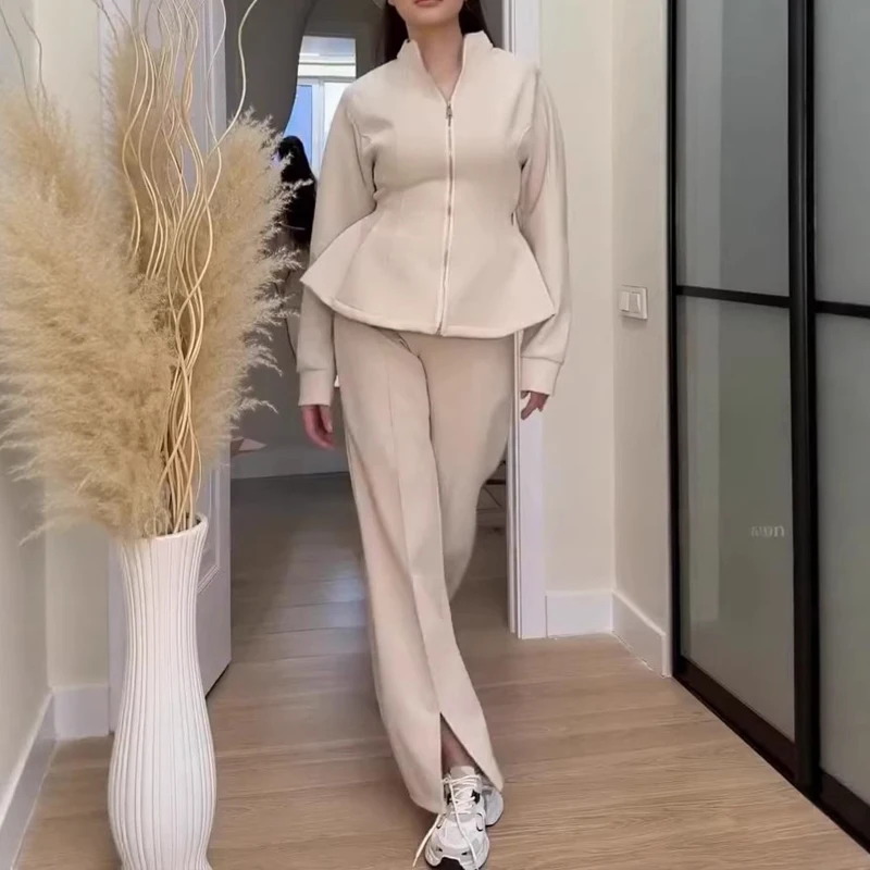

New 2026 Office Solid Casual Suit Elegant High Waist Outfit Spring Women Standing Collar Long Sleeved Top and Pants 2 Piece Set