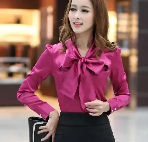 Spring Long Sleeve V Neck Bow Tie Satin Shirts Women Office Work Wear OL Satin Blouses Lady Bow Tie Chiffon Satin Tops