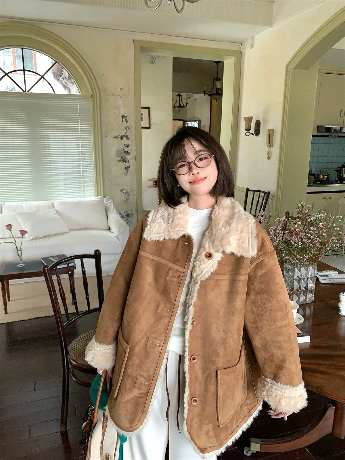 

Женская двусторонняя кожаная куртка с мехом Thiened, осенне-зимнее замшевое пальто свободного покроя, длинная полиэфирная ткань све