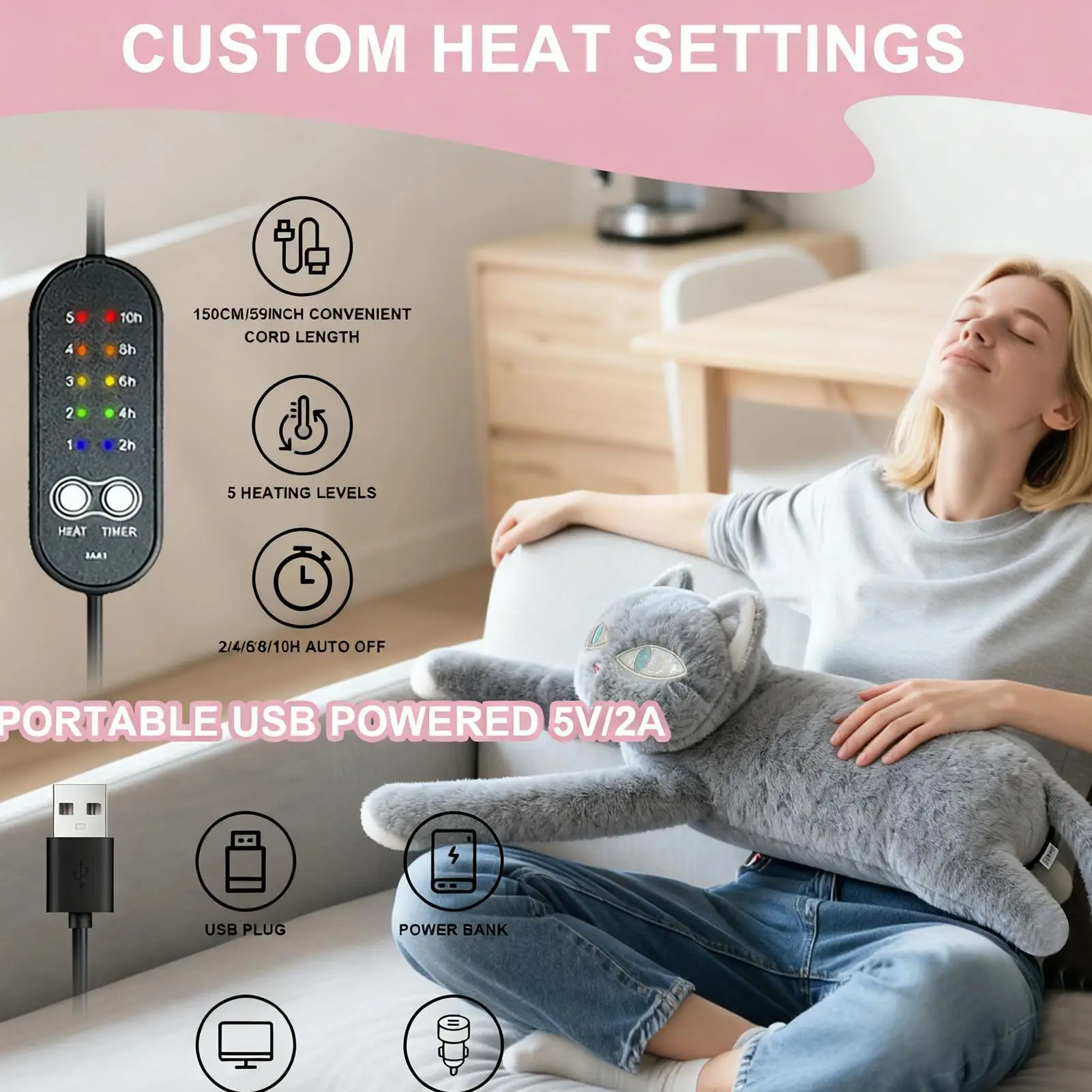 

Грелка для кошек для периода, судорог, облегчение спины, грелка для кошек, питание от USB, милые мягкие игрушки для живота, шеи, плеч, нижней части