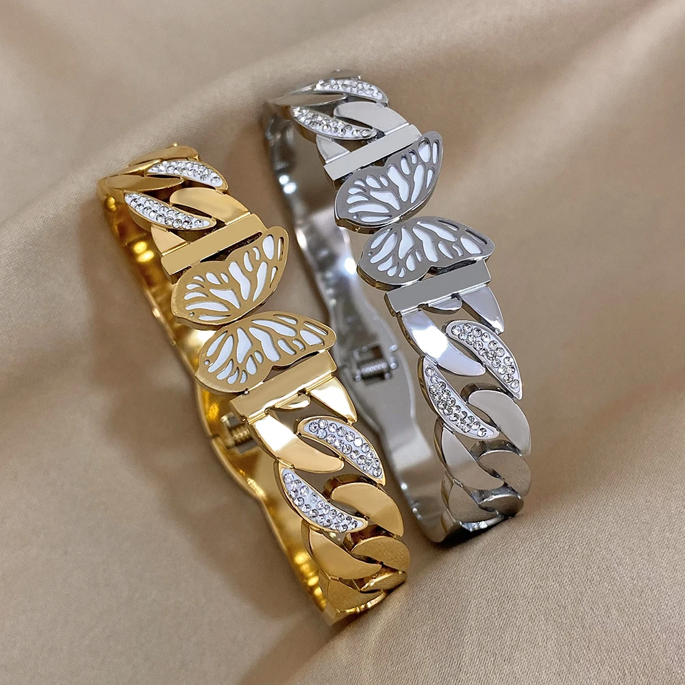 

Freetry Elegant Stainless Steel Butterfly Bracelet Couple Bracelets Fashion Jewelry Luxurious Bangle Rhinestone Jewelry Gift
