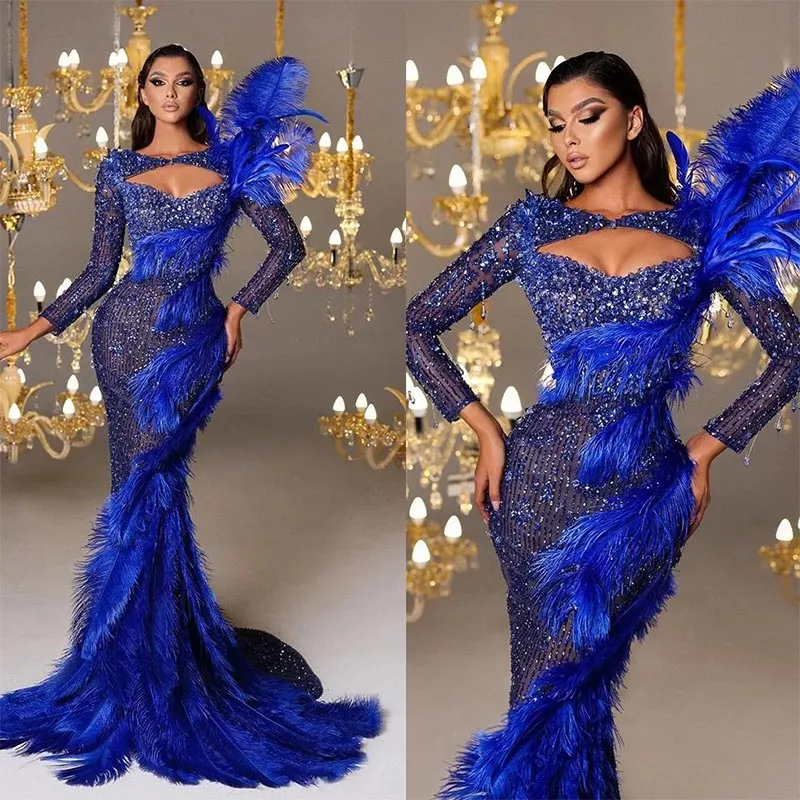 

Luxurious Feather Evening Dresses Long Sleeve Abiye Arabic Beads Royal Blue Prom Gowns Full Length robe de soiree