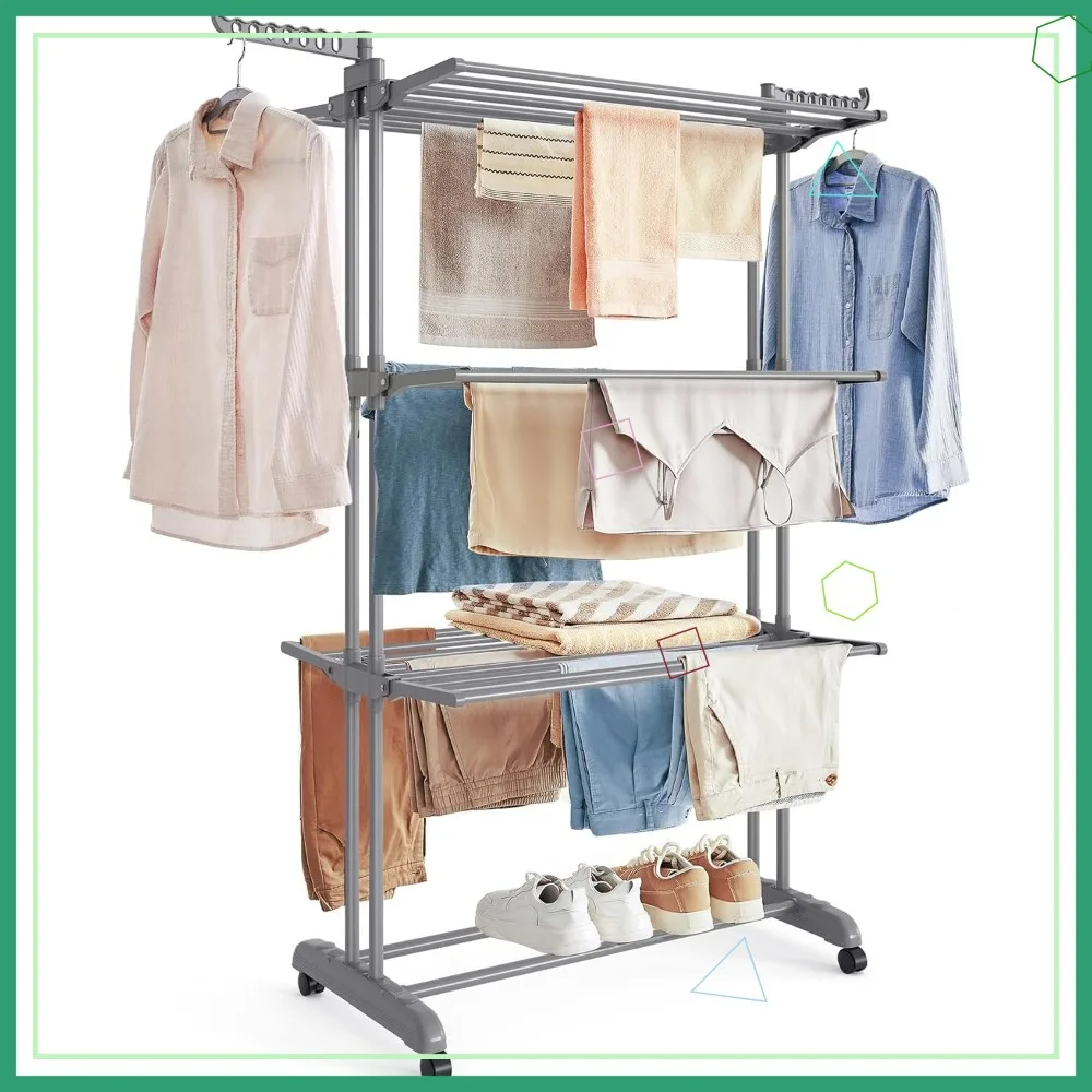 

4-уровневая складная сушилка для одежды, 68-дюймовая стальная подставка для белья на колесиках для использования в помещении и на открытом воздухе