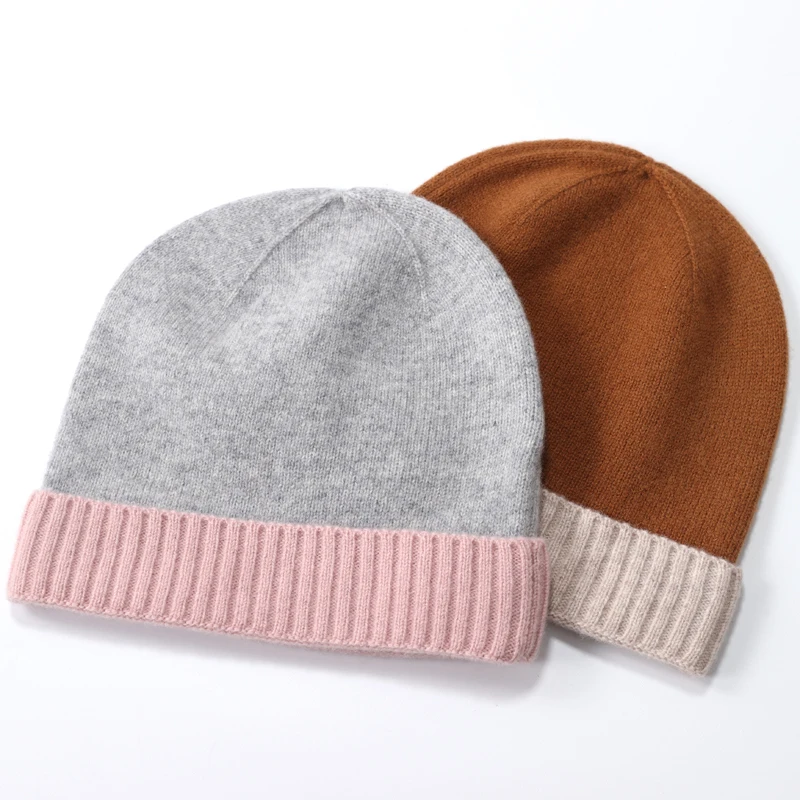 Vendite Bambini Berretto in pura lana lavorata a maglia con orlo a costine 2 toni abbinati Cappello caldo per bambini Autunno inverno Caldo Ragazzo