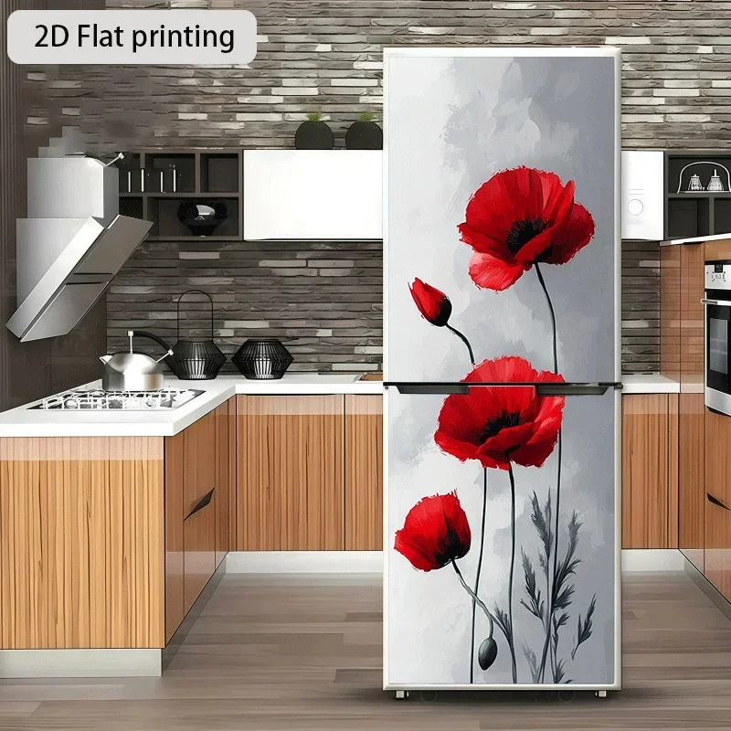 Refrigerator Sticker Red Poppy Flower Themed Design Wall Decal Self-Adhesive Wallpaper Suitable for Cabinets and Wardrobes, Mo