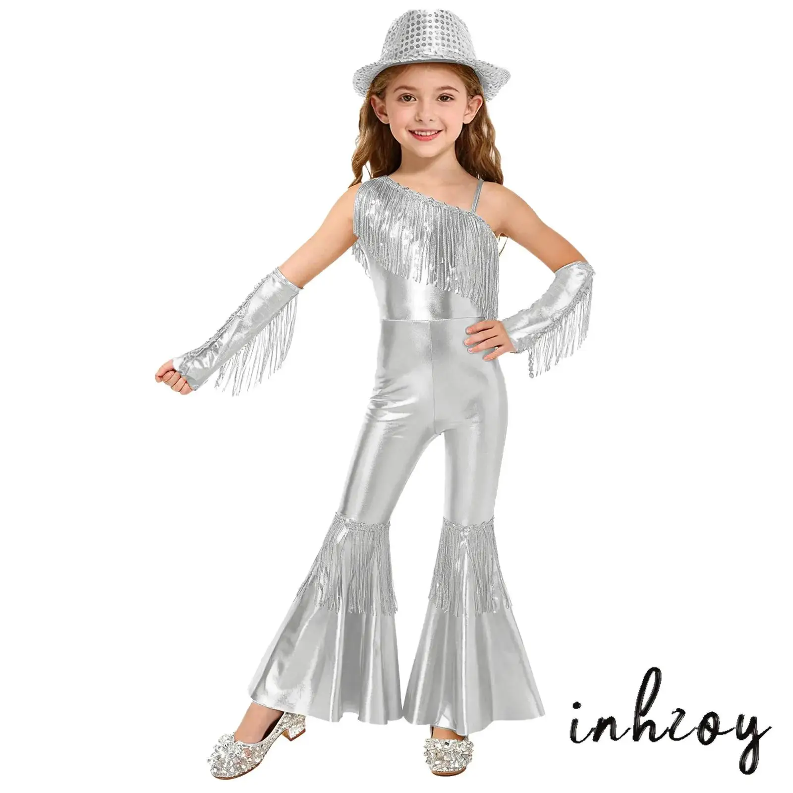 

Kids Girls Hip Hop Street Dance Costume One Shoulder Sequins Tassels High Waist Flared Jazz Jumpsuit with Gloves And Fedora Hat