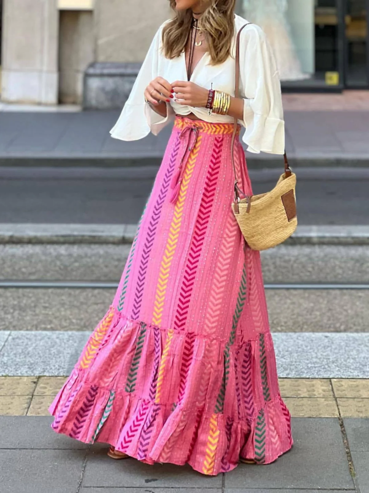 

Bohemian Print High Waist Slimming Long Skirt Street Style Polyester Fabric A-Line Beach Skirt for Women Summer Fashion