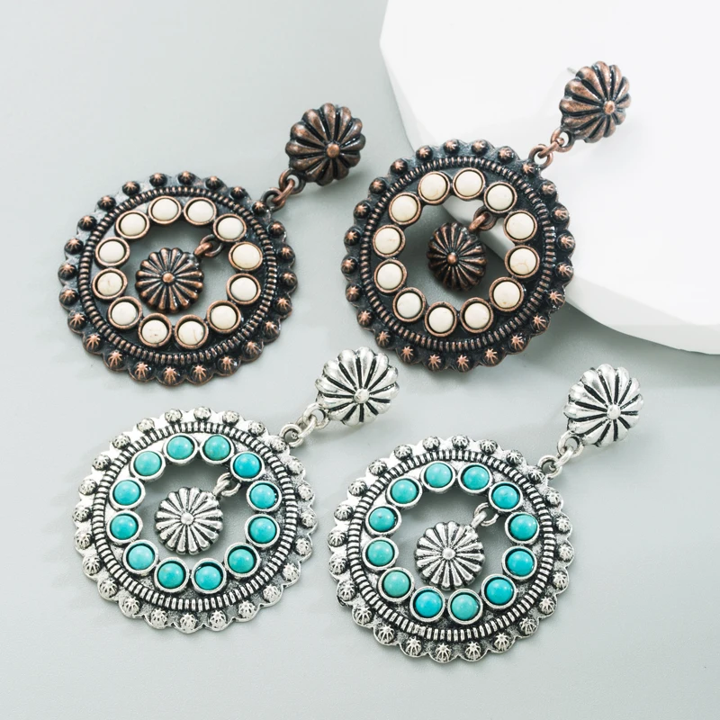 European and American Retro Ethnic Style White Turquoise Earrings, Hollowed Out Circular Pendant, Exaggerated Party Earrings