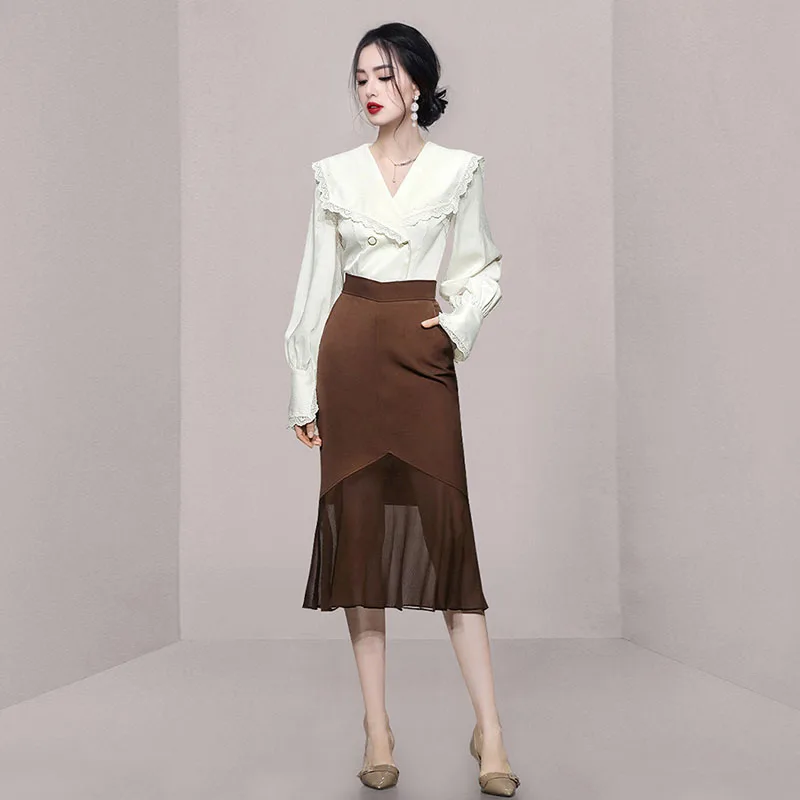 

Модный женский костюм-двойка с длинным рукавом и юбкой-«рыбий хвост» для осени и зимы, новый комплект для офиса и повседневной носки, элегантный стиль