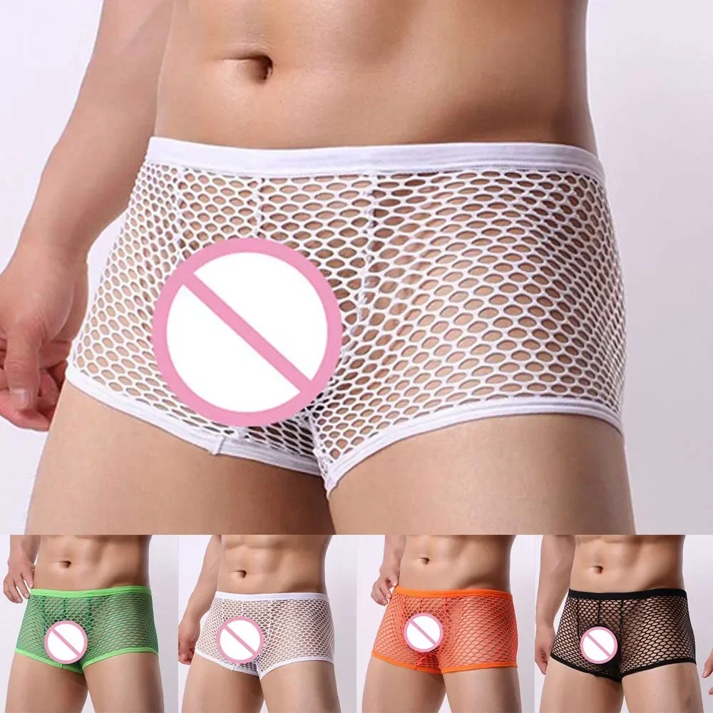 Men\'s Sexy Lingerie Fishnets Adult Male Underwear See-through Boxer Briefs Sheer Mesh Hollow Shorts Underpants Boxershorts