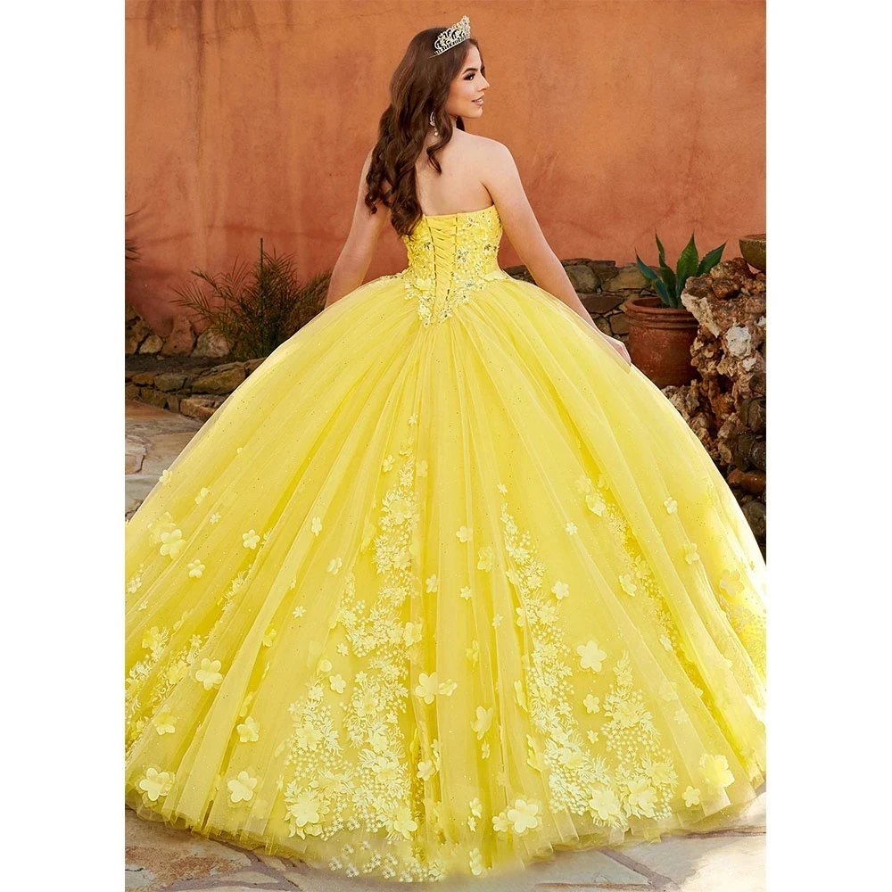 Lace Up Graduation Gowns, Requintado vestido de baile amarelo, Vestidos Quinceanera, Apliques Party Dress