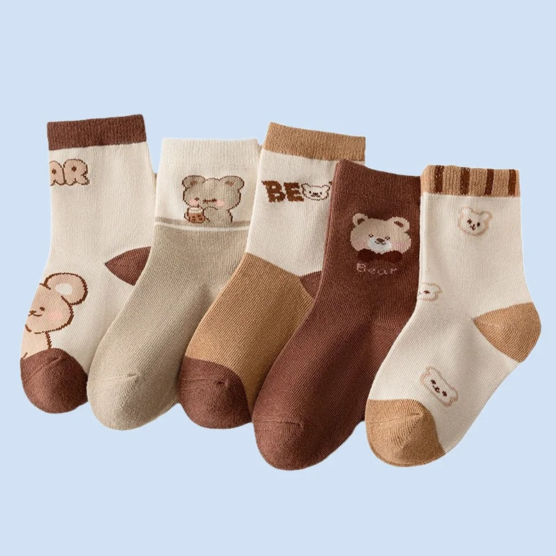 Meias infantis de urso de chá com leite, meias de algodão com todos os fósforos, fofas para bebês meninos e meninas, primavera e verão, novas, 5 pares