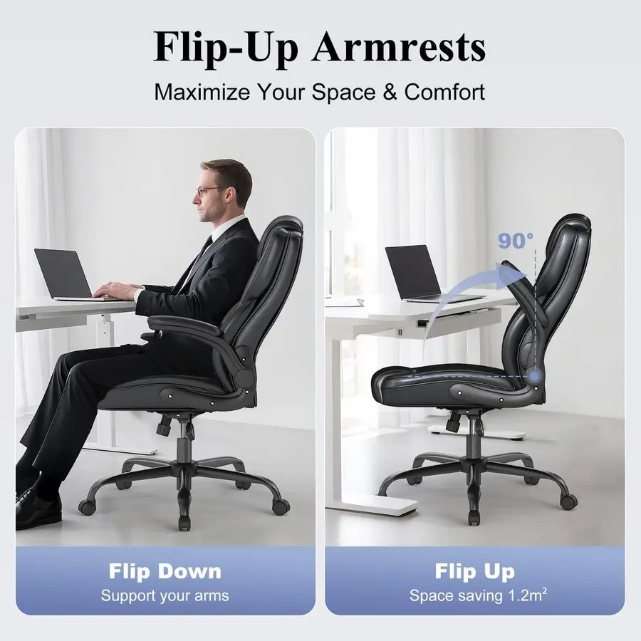 Ergonomic Executive Office Chair, Mid Back PU Leather Computer Desk Chair with FlipUp Armrests, Lumbar Support, Adjustable Heigh