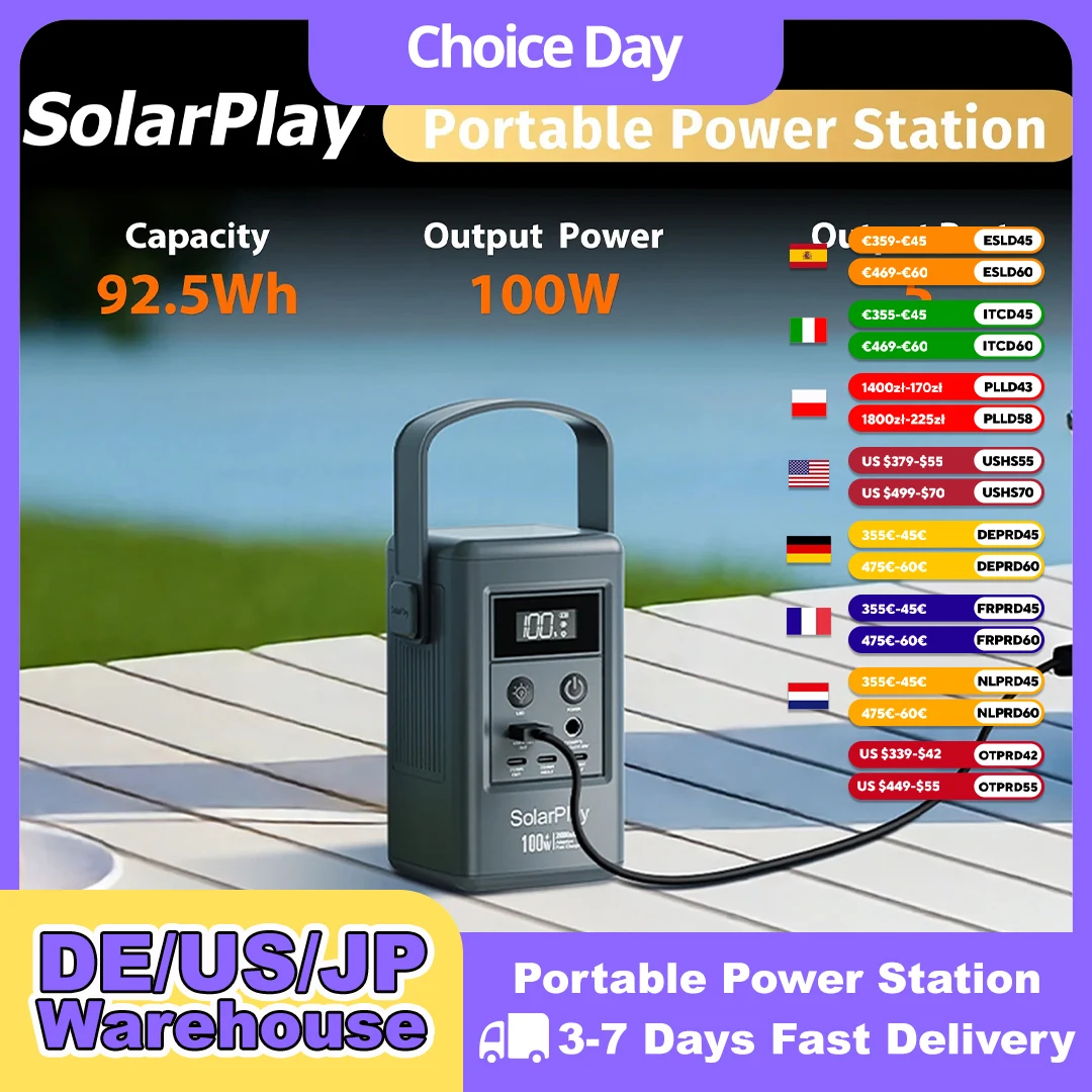 SOLARPLAY Q100 Portable Power Station 25000mAh Power Bank Outdoor Solar Generator 100W USB-C Output for Outdoor Camping Travel