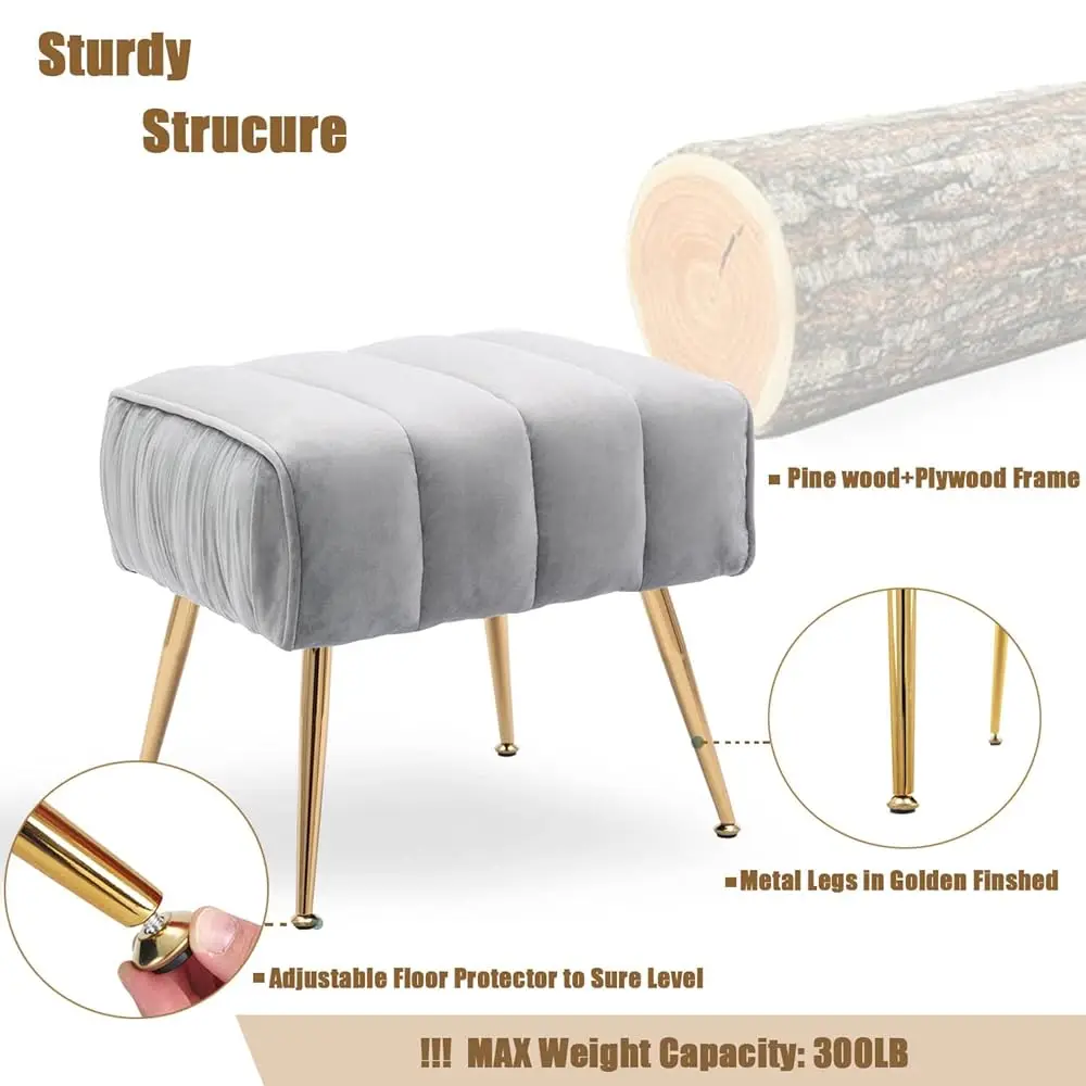 Velvet Ottoman Bench, Modern Foot Stool Rest, Trapezoid, Golden Finished, Grey