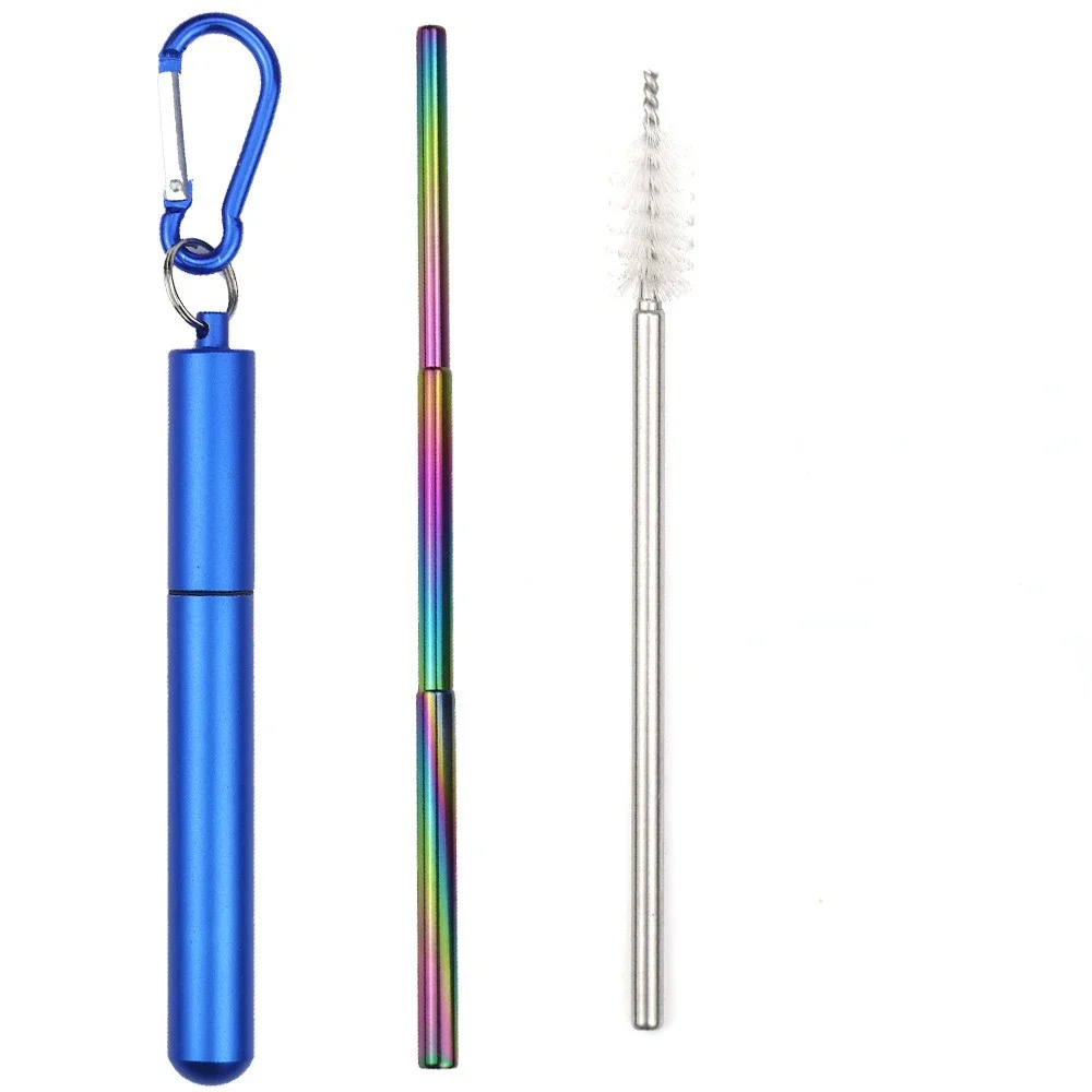 Reusable 304 Stainless Steel Telescopic Straw Three Sections with Aluminum Alloy Storage Tube Foldable Metal Beverage Straw