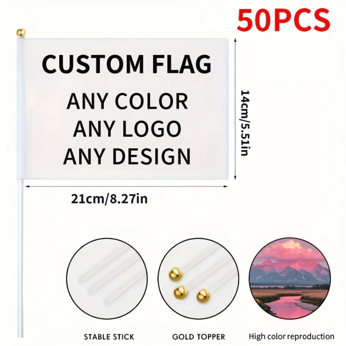 50PCS Custom Mini Flags Personalized Photo Logo Text Handheld Banners with Plastic Poles for Parties Events Parades