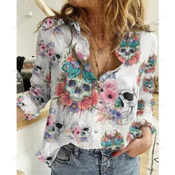 Women's Skull Flower Printed Casual Shirt 3D Printed Button-down Shirt Casual Unique Streewear Halloween Gift