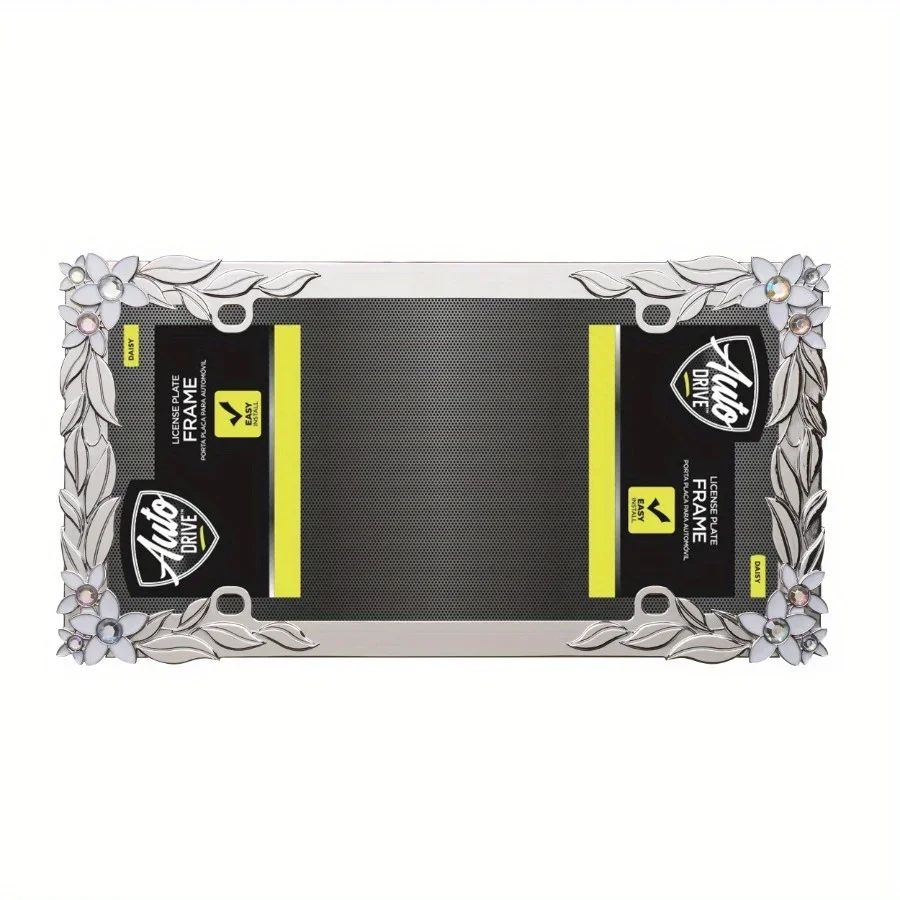 

Silver metal license plate frame with 3D daisy pattern on the frame, chrome metal and sparkling rhinestones.