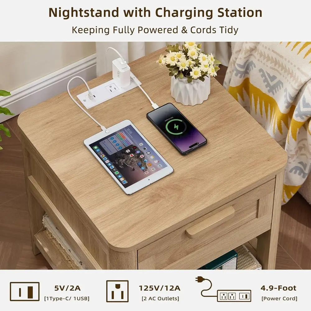 armhouse Night Stand Set o 2 with Charging Station, Natural | Wood Bed Side Table with Der & Open Storage Shel & Rounded s or Be - view 4