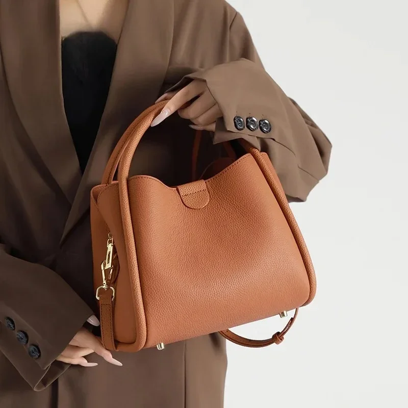 Cow Leather Bucket Tote  High Quality Shoulder Bag New Casual First Layer Beige Attractive and Practical Women Handbag
