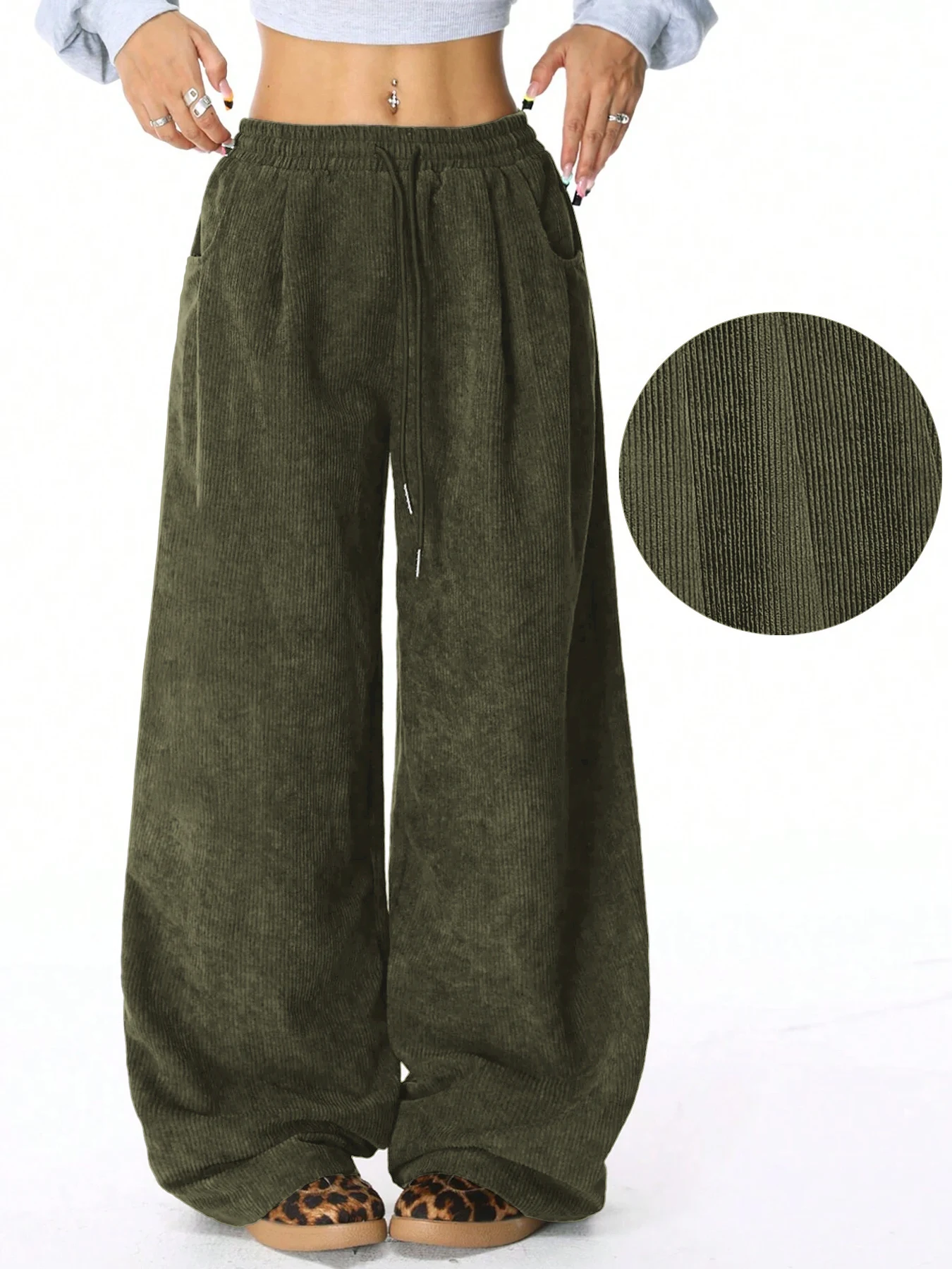 Damen Retro Cord Cargo-Hose Lässige Kordelzug Gerade Sporthose Fließende Alltags-Pendlerhose mit Weitem Bein – Detail 22