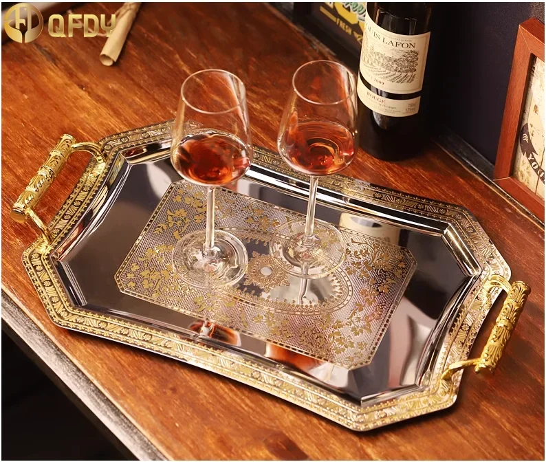 Golden tea tray, stainless steel storage tray, square wine utensil tray, handheld tray, silver water utensil tray