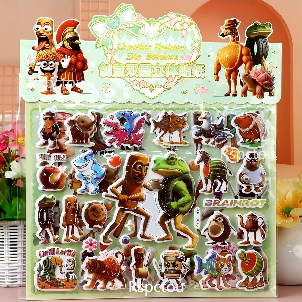 مزدوجة الطبقات الإيطالية Brainrot ثلاثية الأبعاد ملصقات الإغاثة مضحك تونغ تونغ الصحور فقاعة الشارات لطيف ملصق يدوي الصنع اللعب الهدايا