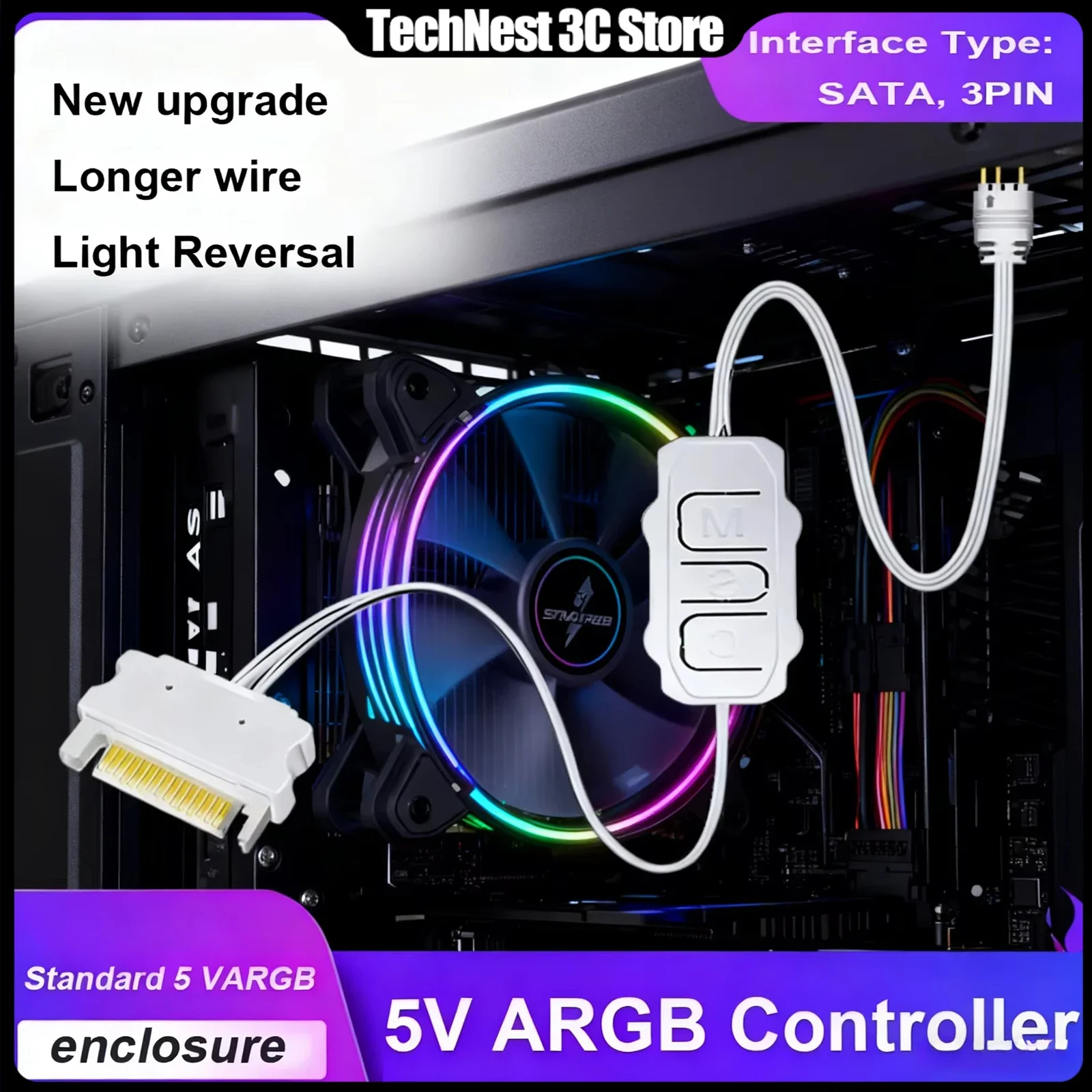 ARGB Backlight Controller for PC Cooler, SATA 5V 3PIN Extension Cable, Light Adapter for PC Fan CPU Cooler LED Strip