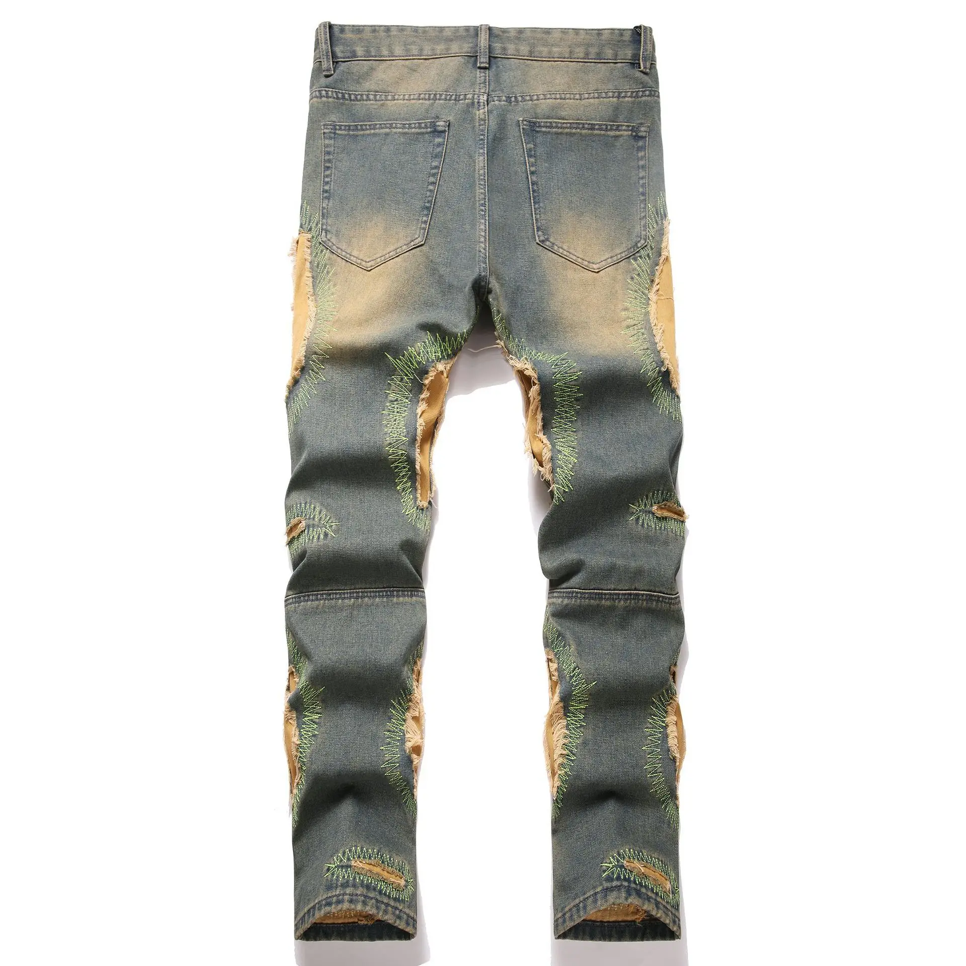 Men's High Street Vintage Destroyed Jeans Pants Fashion Streetwear Ripped Denim Trousers Washed Retro Jeans With Patchworks