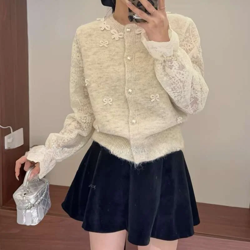 

Женский вязаный кардиган Y2K, корейский однобортный кардиган с круглым вырезом и узлом-бабочкой, весна с длинными рукавами