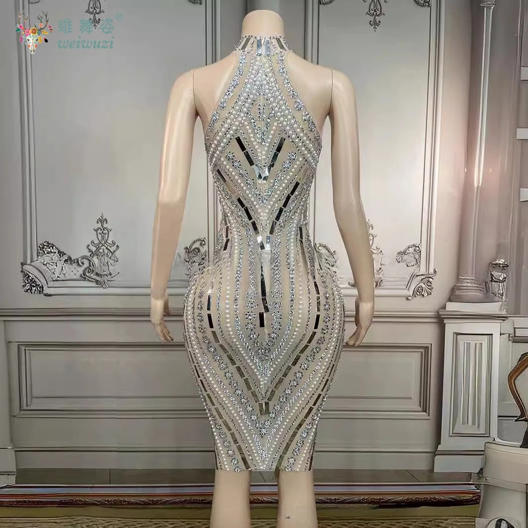 Heavy Industry Diamond Stripe Water Diamond Festival Banquet Party Dress High Collar Sleeveless Sexy Slimming Evening Dress