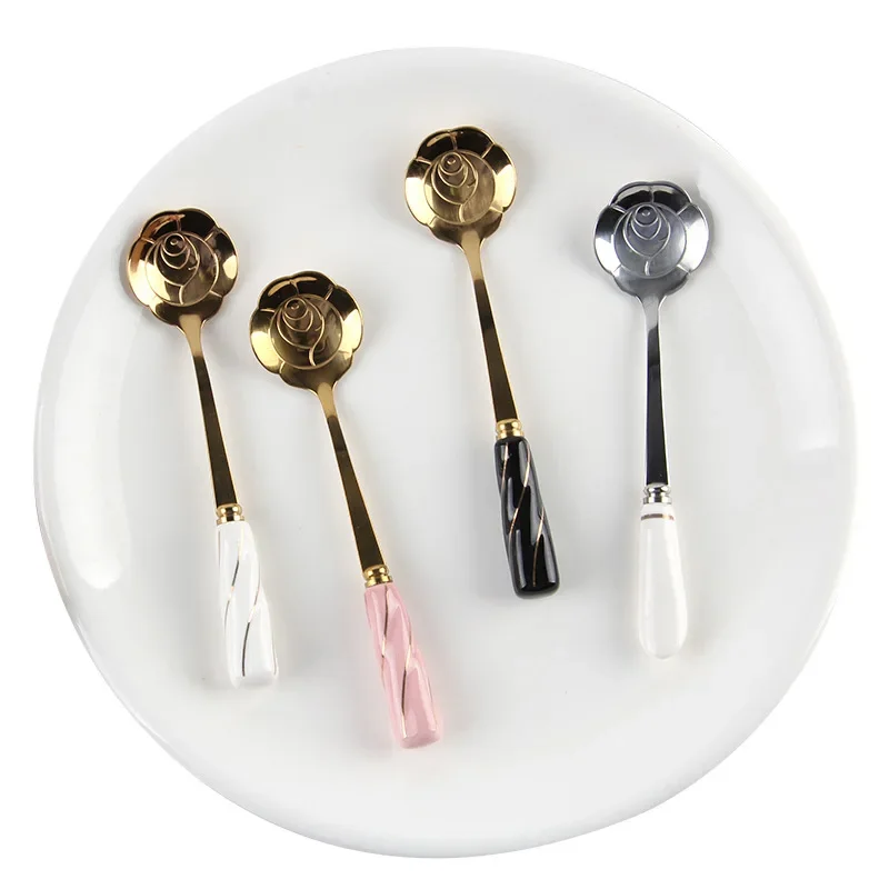 2 Pcs New Gold Plated Spoon Flower Tea Spoon Ceramic Handle Flower Spoon Mark Stainless Steel Coffee Stir Long Spoon