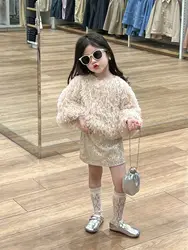 Childrens Sets Feather Long Sleeve Tops Sequin Skirt Fashion 2024 Autumn New Korean Style Childrens Two Piece Sets