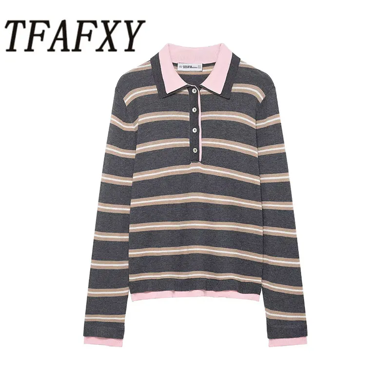 

TFAFXY 2026 Весенний шикарный женский свитер в полоску с длинным рукавом, вязаный облегающий свитер, новая модная женская одежда