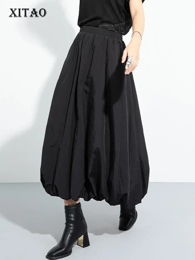 

XITAO карманная лоскутная юбка с эластичной резинкой на талии, однотонная свободная трапециевидная юбка до середины икры, универсальные модные повседневные юбки, осень 2021, HJF7105