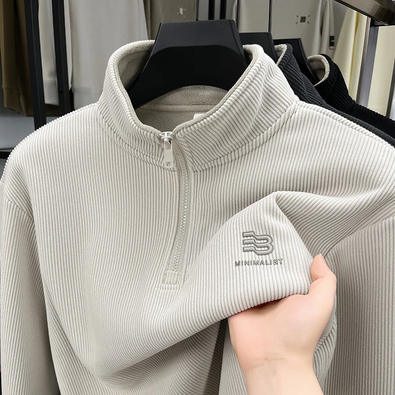 Designer Original Men's Fleece-Lined Half Zip Mock Neck Ribbed Sweatshirt Soft Warm Anti Pilling Casual Autumn Winter Men's Wear