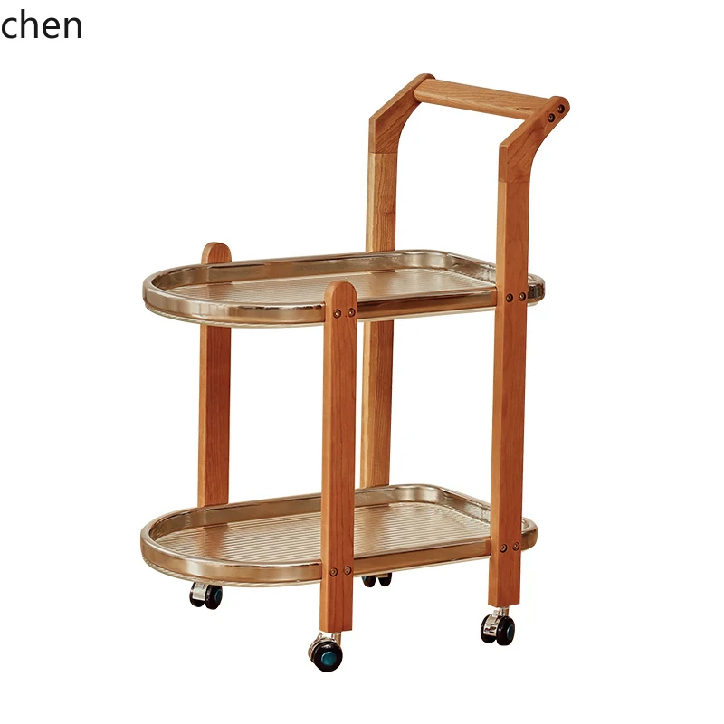 YFY Solid Wood Trolley Glass Storage Rack Cherry Removable Sofa and Bedside Side Table