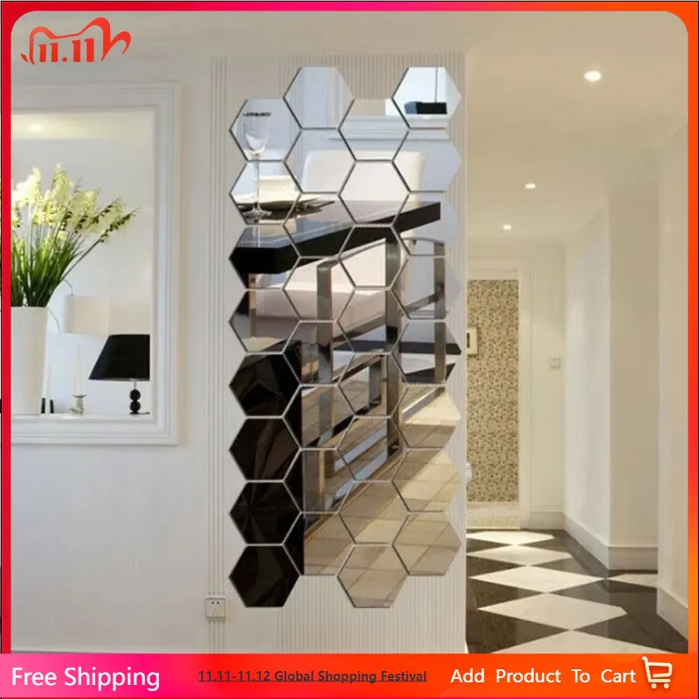 12PCS/Lot Removable Geometric Mirror Wall Stickers - Solid Hexagonal Shape, DIY with Built-in Adhesive for Home Decoration