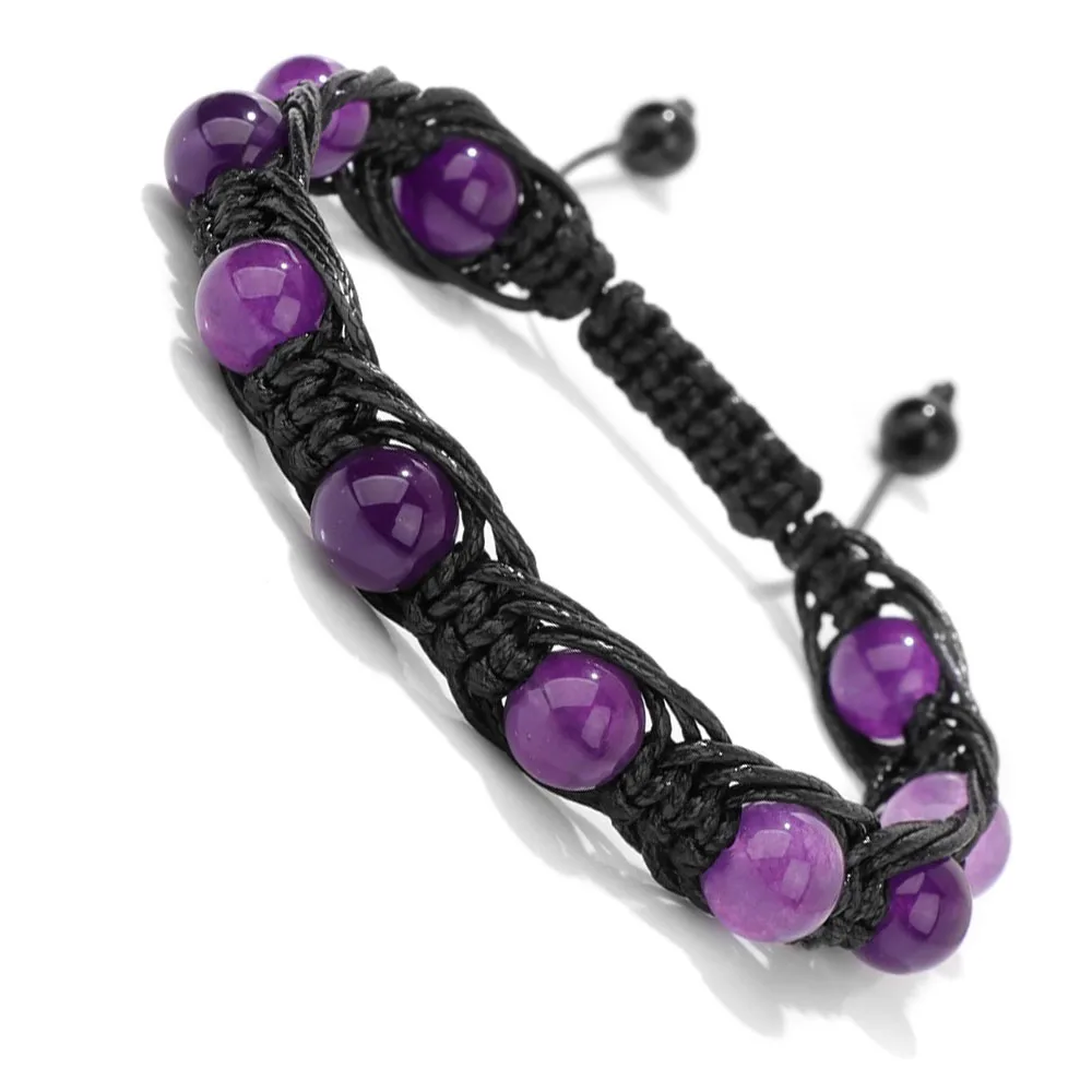 Natural Amethysts Beads Cord Knotted Braid Bracelets For Women Men Handmade Wax Line Wire Wrapped 8mm Stone Bracelet Jewelry