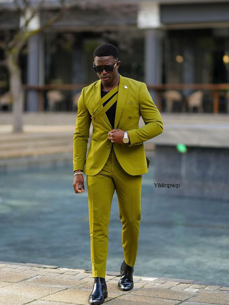 YiMinpwp Salie Groen Heren Pak Voor Man 2 Stuks Set Piek Revers Bruidegom Klassieke Gelegenheid Bruiloft Vakantie pak Tuxedo XS-5XL