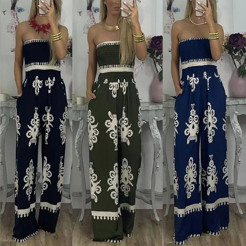 

Fashion Y2K Print Patchwork Women High Waist Jumpsuit Sleeveless Backless Sling Summer Beach Sexy Female Streetwear Outfits