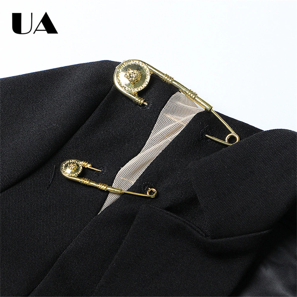 

Punk Inspired Black Suit Jacket with Gold Safety Pin Embellishments, Slim Fit Asymmetric Blazer Featuring Shoulder Jackets