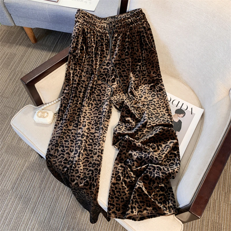 Bomon Women\'s Pants Leopard Print Pants Wide Leg Pants Y2K Autumn/Winter Pants High Waist Hanging Casual Premium Straight Pants