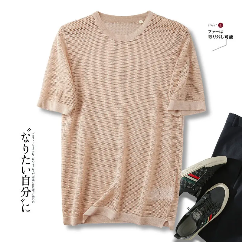 Premium luxury! 65 linen + 35 lyocell! Italian summer skeleton knitted short-sleeved T-shirt