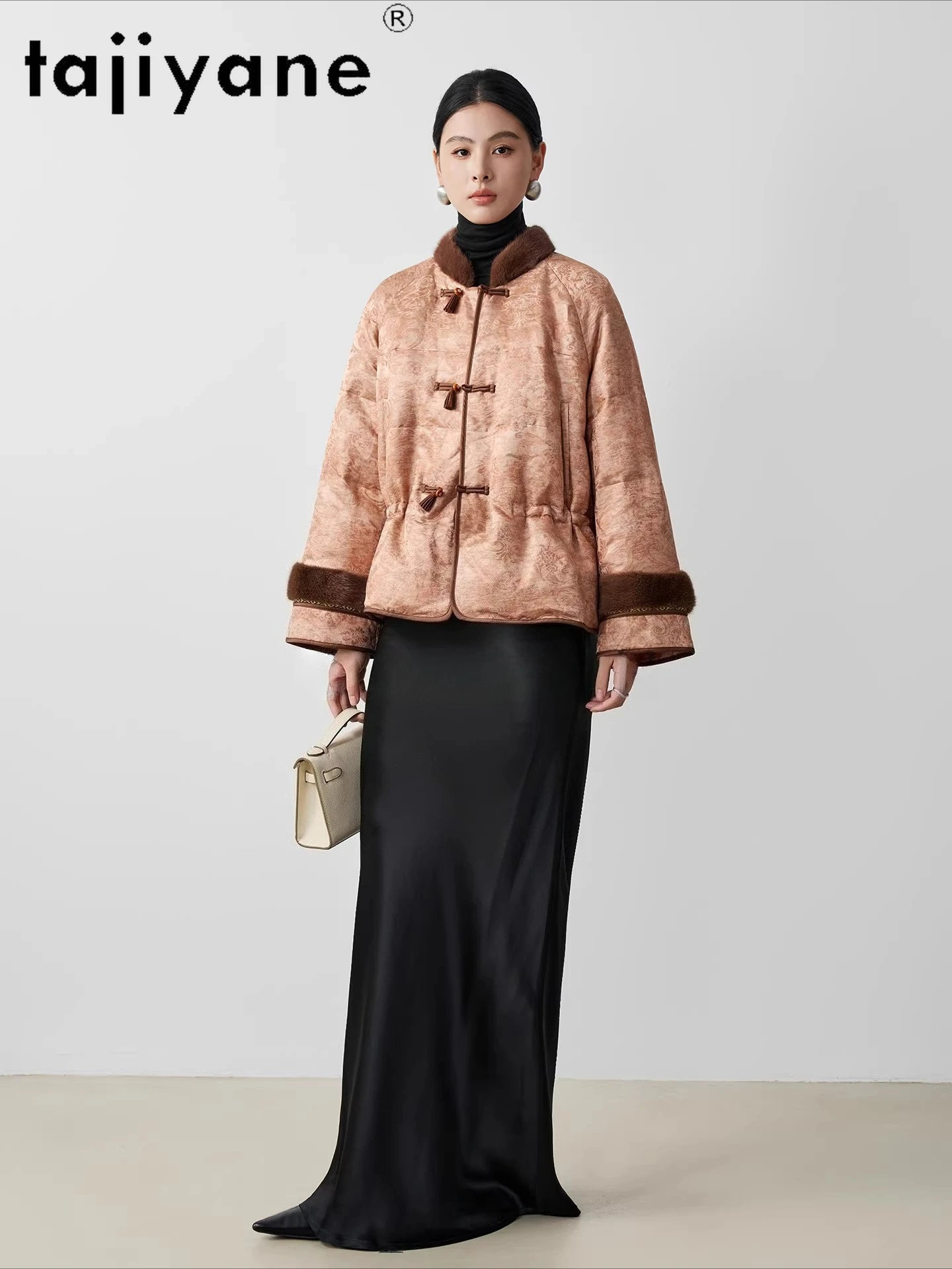 TAJIYANE 90% abrigos de plumas de ganso con cuello de piel de visón chaquetas cortas de Jacquard chaqueta de invierno para mujer 2025 ropa de mujer ·хоiyahaк ж misce