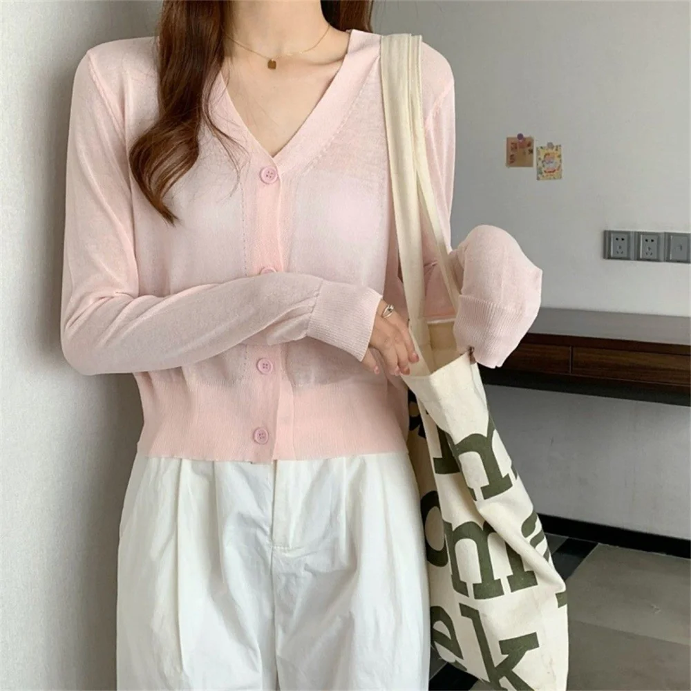 2024 Fashion Summer V Neck Cardigan Women Casual Transparent Sweater Shirts Lady Simple Thin Solid Outwear Female Crop Top