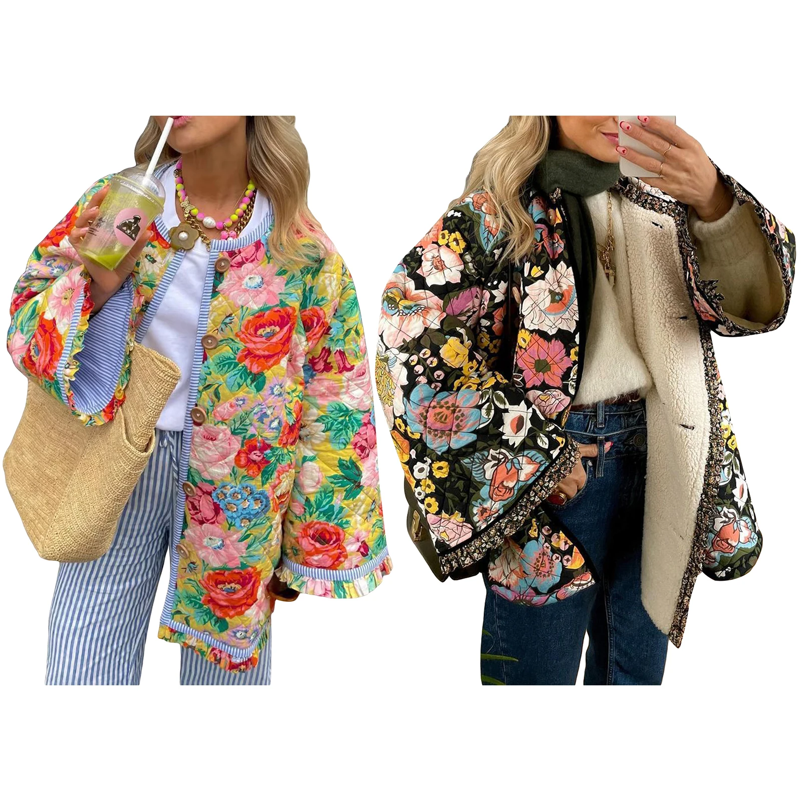 Jaqueta puffer recortada para mulheres, manga longa, gola de gola, jaqueta floral, casaco leve, jaqueta acolchoada vintage, casacos