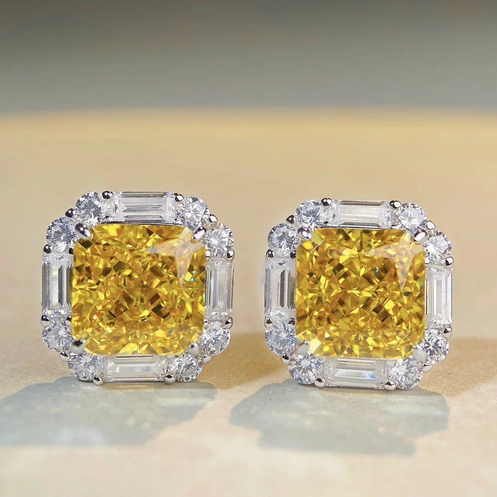 Luxury 18K white gold solid platinum PT950 Women's 4 karat Ice Flower Cut Earrings Yellow Diamond Full Diamond Earrings